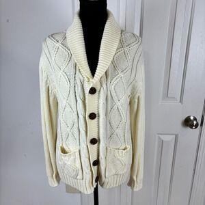 Vintage Sears Sportswear Cream Cable Knit Shawl Collar Cardigan Sweater Size M